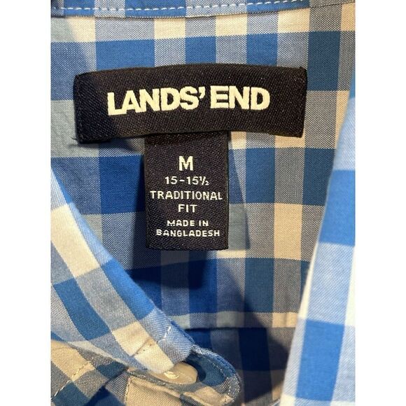 Lands End Button Up Shirt Mens Med 15-15 1/2 Traditional Short Sleeve Blue/White - Picture 2 of 5